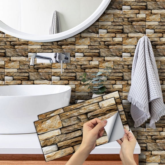 6 Pcs Waterproof Tiles Stickers Wall Decals Beige Brown 11.8'' x 5.9'' Self Adhesive Mosaic Stone Brick Pattern Peel and Stick Backsplash