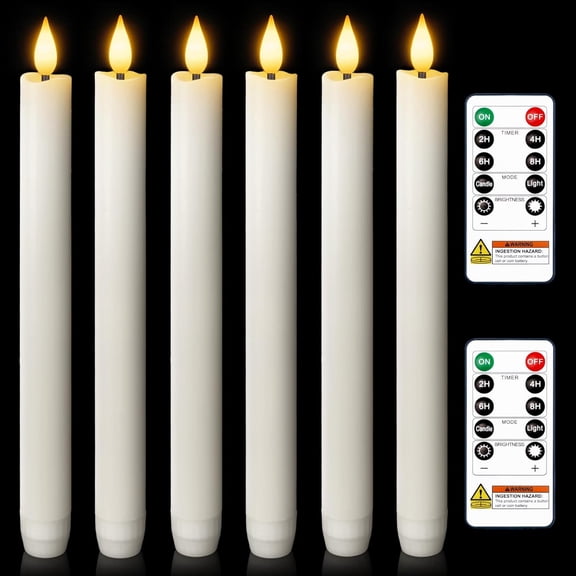 6 Pcs Wax Flameless Taper Candles with Remote Timer and Dimmer, White Candle Sticks Battery Operated, LED Window Candles with Flickering Light, 9.6 Inches for Wedding Home Indoor Decoration