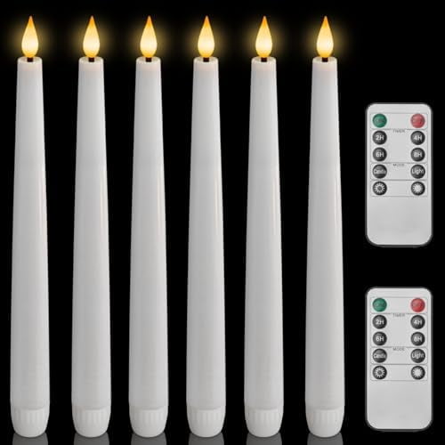 6 Pcs Waxy Flameless Taper Candles with Remote, Led Candlesticks Classic Tall Candle, Flickering Battery Operated Taper Candles for Bedroom, Dining Room, White, 9.6 inches