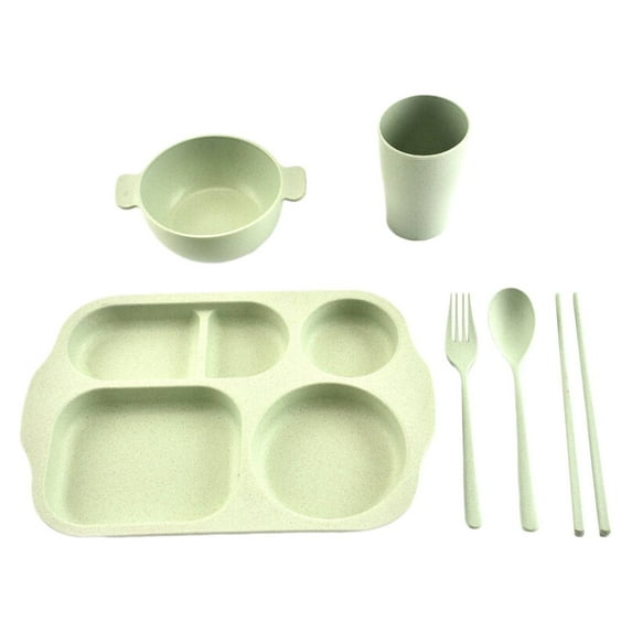 6 Pcs Wheat Straw Plastic Divided Plates Set with Plate, Bowl, Cup, Spoon, Fork, Chopsticks for Office Lunch Trays for Human, Fast Food Trays / Cafeteria Trays Human Feeding Set, Green