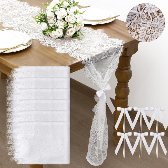 6 Pcs White Lace Table Runner 14 x 120 Inch with Long Tie Bow Flower Vintage Boho Lace Embroidered Table Runner for Wedding Party Bridal Shower Rustic Decor
