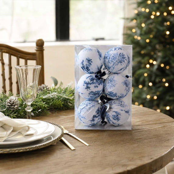6 Pcs White and Light Blue Christmas Chinoiserie Ornaments Ball Fabric Wrapped Hanging Christmas Ball Decorative Tree Ornaments for Xmas Party Supplies (3.15 Inch)