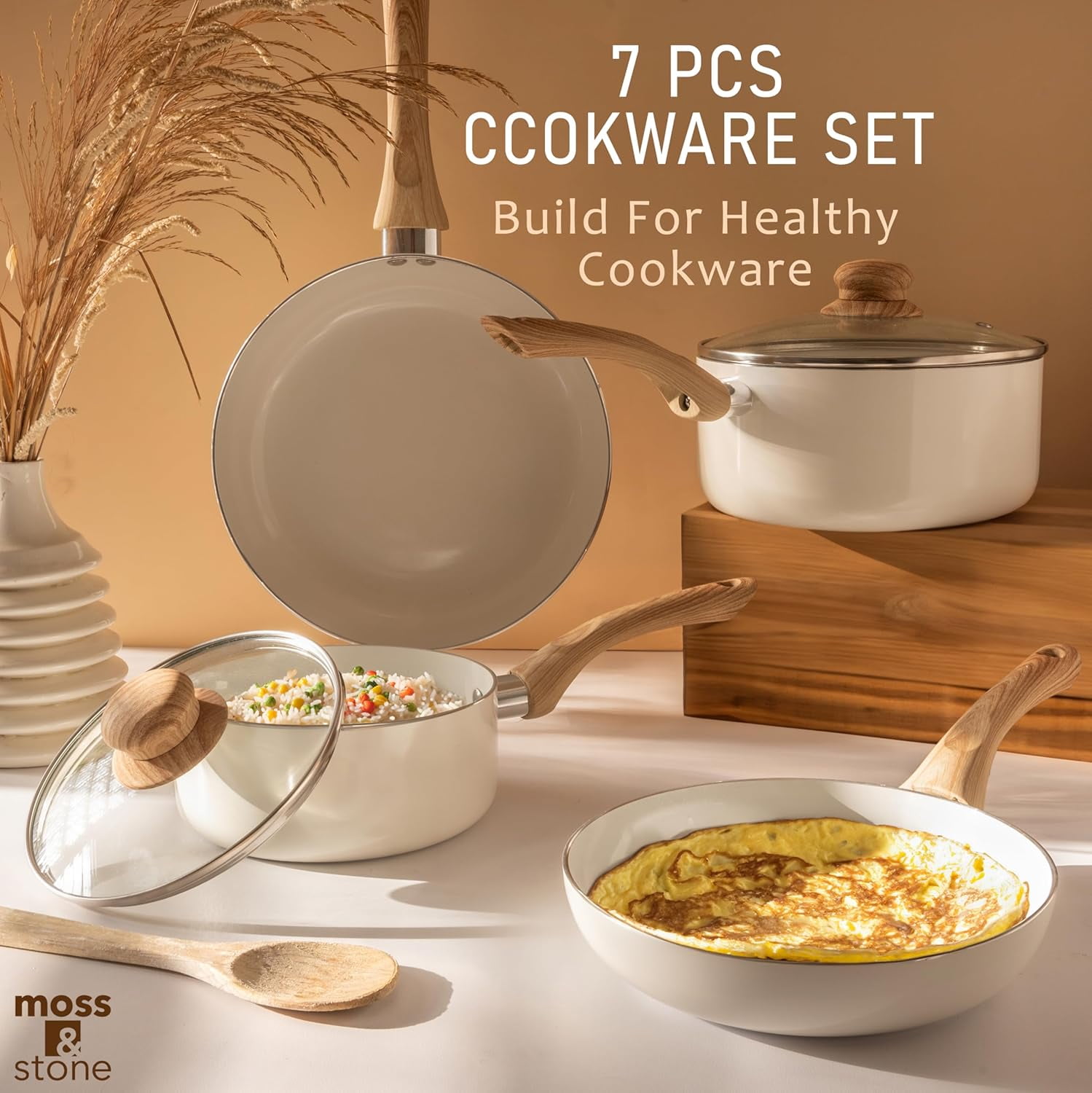 6 Pcs White Nonstick Cookware Set with Glass Lids for Induction ...