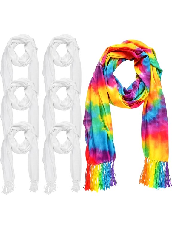 6 Pcs White Scarves with tassels, Rayon Scarf, 26.8 x 78.7 in Long Sun-Shielding Style Scarves, Blank White Wraps for DIY Tie Dye, Wax Dye, Plant Dye, Lightweight, for Crafting