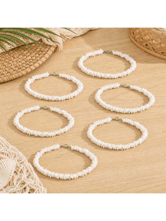 6 Pcs White Shell Necklaces, Bohemian Puka Shell Choker Necklace for Women Men, Natural Shell Beaded Beach Necklace for Summer Beach Party, Hawaiian Party, Vacation, Pool Party Accessories
