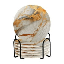 6 Pcs White and Gold Marble Drink Coasters with Holder Absorbent Coaster Sets Cup Heat-Resistant Hot Pads Mats for Bar Table Protection