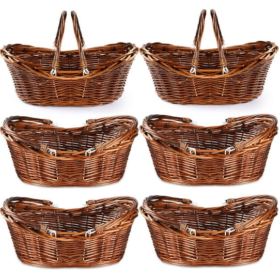 6 Pcs Wicker Picnic Basket with Handle, Hand Woven Harvest Basket Bulk, Wicker Flower Hoppet for Storage, Picnics, Easter, Organizing, Egg Gathering, Candy, Wedding(Dark Brown)