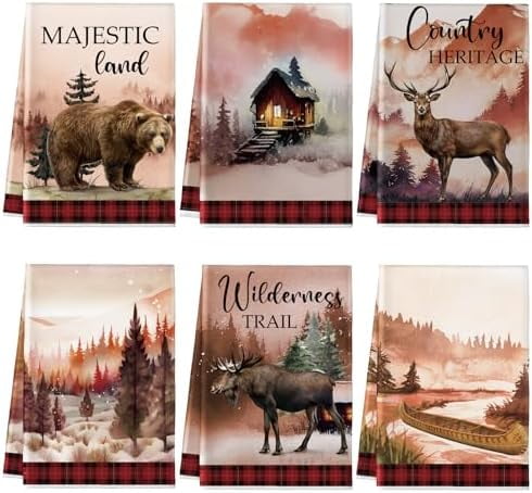 6 Pcs Wildlife Kitchen Towels 16 x 24 Inch Rustic Forest Animals Hand Towels Moose Dish Cloths Bear Deer Cabin Tea Absorbent Dishcloth for Kitchen Bathroom Woodland Wild Life Decor