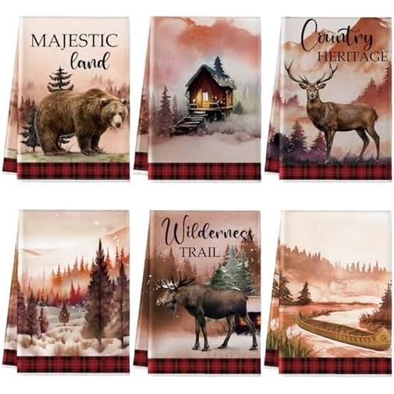6 Pcs Wildlife Kitchen Towels 16 x 24 Inch Rustic Forest Animals Hand Towels Moose Dish Cloths Bear Deer Cabin Tea Absorbent Dishcloth for Kitchen Bathroom Woodland Wild Life Decor