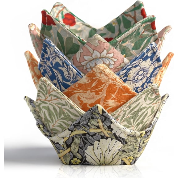 6 Pcs William Morris Flower Cotton Microwave Bowl Cozy Holders Reusable Hot Pads Vintage Wildflower Floral Heat Resistant Soup Bowl Potholders for Kitchen Hot Food Plates