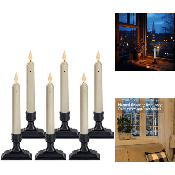 6 Pcs Window Candles, Ivory Electric Window Candle Flickering, 2025 Christmas Fake Candles Battery Operated, Led Candlesticks with Black Holders for Xmas Holiday Decor