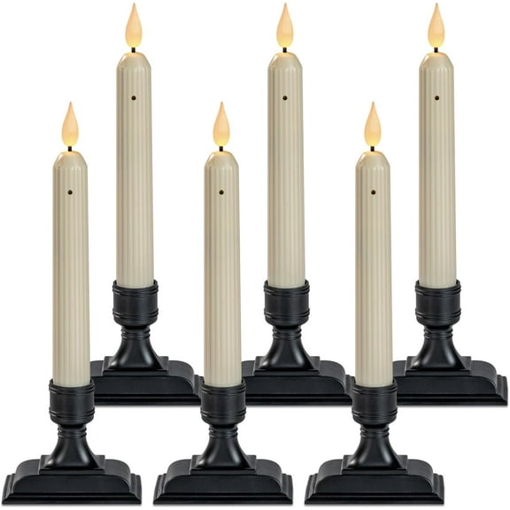 6 Pcs Window Candles with Sensor Dusk to Dawn, Ivory Electric Window Candle Flickering, Christmas Fake Candles Battery Operated, Led Candlesticks with Black Holders for Xmas Holiday Decor