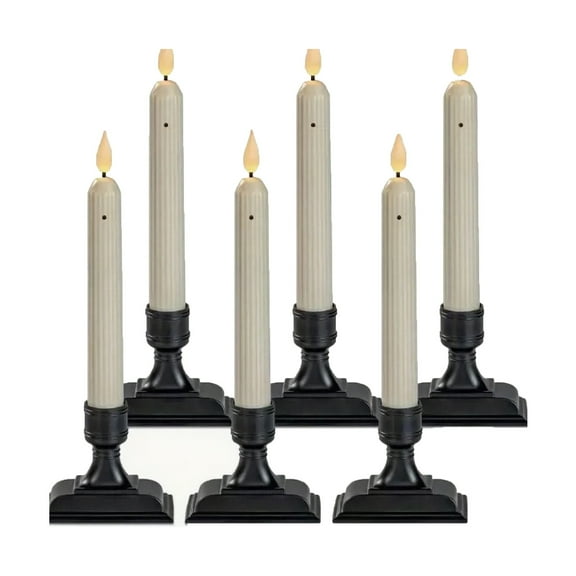 6 Pcs Window Candles with Dusk to Dawn, Ivory Stripped Candlesticks with Suction Cups, Roman Column Battery Operated Flameless LED Taper