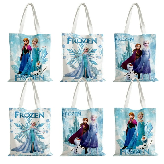 6 Pcs Winter Frozen Party Favor Canvas Tote Bags Reusable Canvas Bags Winter Frozen Gift Tote Bags Goodie Treat Candy Canvas Bags for Winter Frozen Themed Party Kids Birthday Party Baby Shower