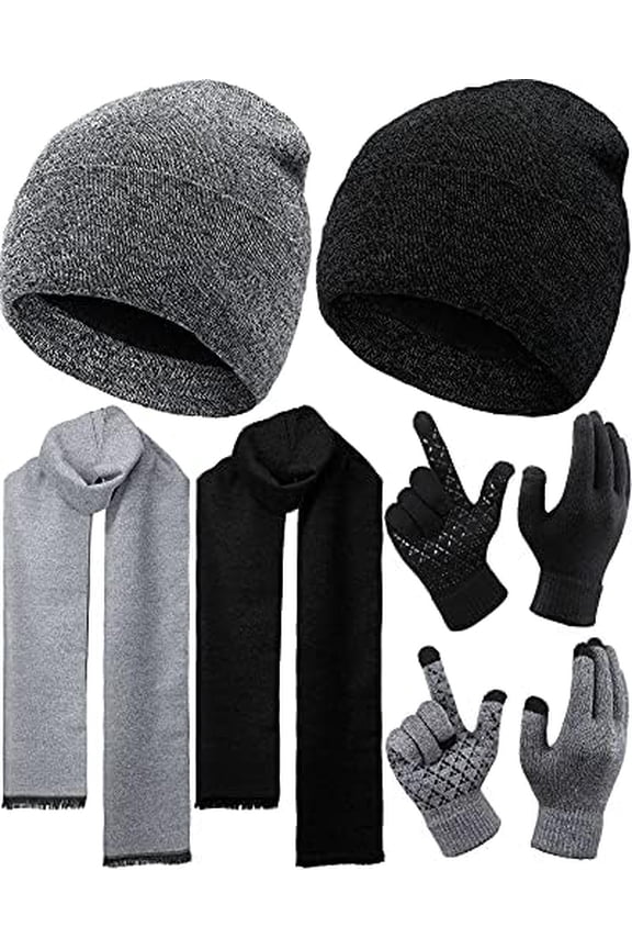 6 Pcs Winter Knit Beanie Hat Scarf Touchscreen Gloves Set Warm Skull Cap Gifts for Men Women(Black, Gray)