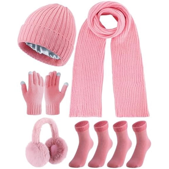 6 Pcs Winter Knit Set with Knit Beanie Hat Long Scarf Touchscreen Gloves Foldable Earmuff Fleece Socks for Women