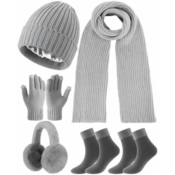 6 Pcs Winter Knit Set with Knit Beanie Hat Long Scarf Touchscreen Gloves Foldable Earmuff Fleece Socks for Women