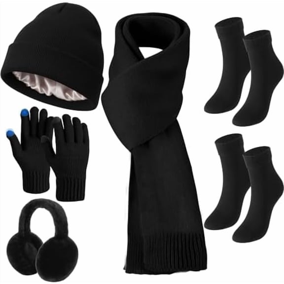 6 Pcs Winter Knit Set with Knit Beanie Hat Long Scarf Touchscreen Gloves Foldable Earmuff Fleece Socks for Women