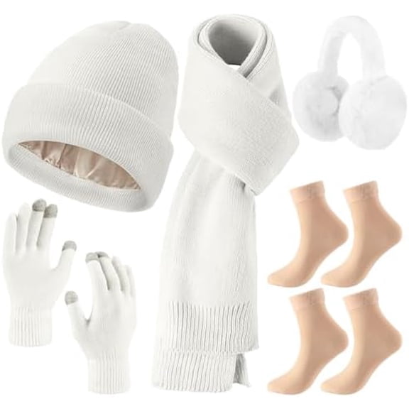 6 Pcs Winter Knit Set with Knit Beanie Hat Long Scarf Touchscreen Gloves Foldable Earmuff Fleece Socks for Women