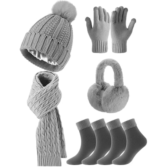 6 Pcs Winter Knit Set with Knit Beanie Hat Long Scarf Touchscreen Gloves Foldable Earmuff Fleece Socks for Women
