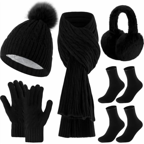 6 Pcs Winter Knit Set with Knit Beanie Hat Long Scarf Touchscreen Gloves Foldable Earmuff Fleece Socks for Women