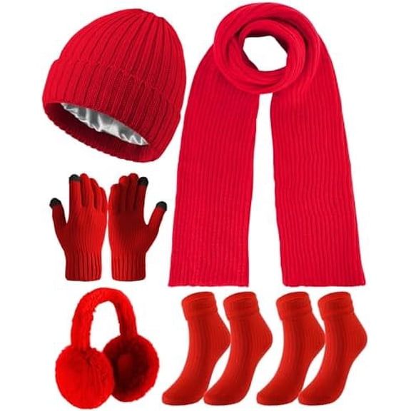 6 Pcs Winter Knit Set with Knit Beanie Hat Long Scarf Touchscreen Gloves Foldable Earmuff Fleece Socks for Women