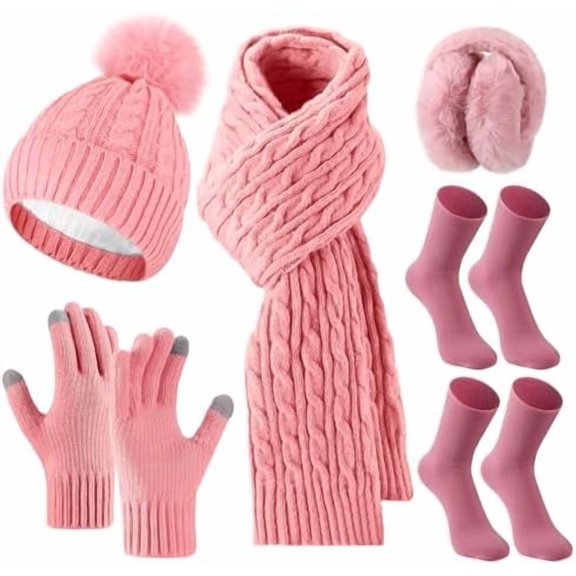 6 Pcs Winter Knit Set with Knit Beanie Hat Long Scarf Touchscreen Gloves Foldable Earmuff Fleece Socks for Women