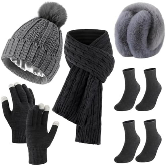 6 Pcs Winter Knit Set with Knit Beanie Hat Long Scarf Touchscreen Gloves Foldable Earmuff Fleece Socks for Women