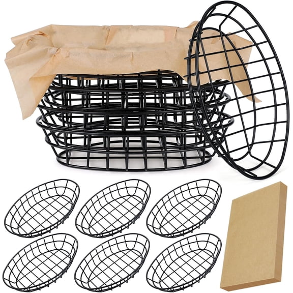 6 Pcs Wire Bread Basket Black 11.8 x 7.9 x 2.2 Large Oval Metal Dinner Roll Baskets Bulk for Serving Fruit Bowl Storage with 50 Sheet Deli Wrapper Paper for Restaurant Kitchen Table Fast Food