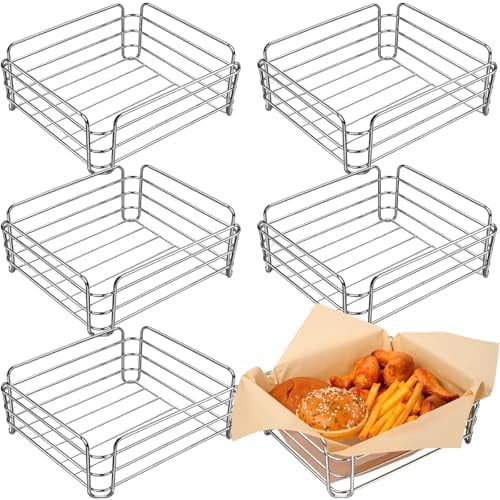 6 Pcs Wire Bread Baskets for Serving 9.8 x 8.5 x 3.7 Inch Small Metal Chrome Rounded Square Silver Fast Food Basket Storage for Fruits Bread Burger Serving Organizing$$Home Decor, Kitchen, & Other