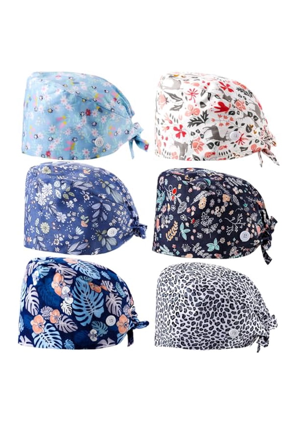 6 Pcs Women Scrub Caps Surgical Nurse Working Hats with Button and Sweatband Adjustable Elastic Nursing Bouffant Caps