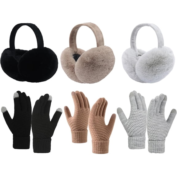 6 Pcs Women's Winter Ear Muffs Gloves Sets Knit Touch Screen Gloves Foldable Earmuffs