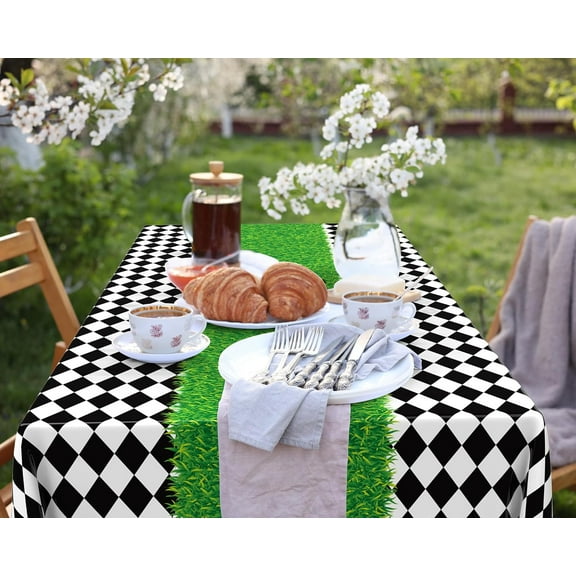 6 Pcs Wonderland Checkered Tablecloth for Party Decor, Black White 54x108inch Disposable Plastic Table Cover