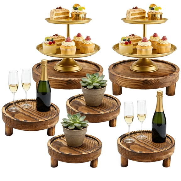 6 Pcs Wood Display Risers Set, Decorative Desktop Wooden Cake Stand with Elevated Edge, Round Food Riser, Rustic Tabletop Organizer for Home Kitchen Office, 5/6/8 Inch