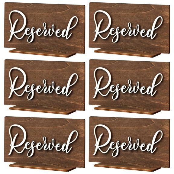 6 Pcs Wood Reserved Table Signs, Brown Rustic Wedding Signs, 7.08 x 3.74 in / 17.98 x 9.5 cm Reception Table Decorations, Reserved Seating Signs for Ceremony, Parties, Events