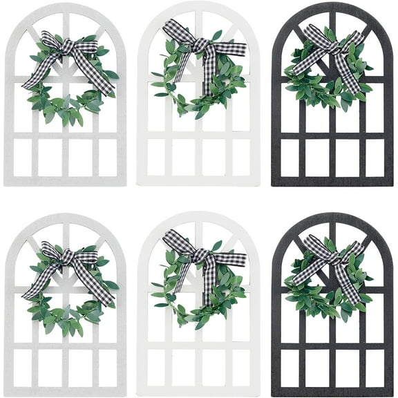 6 Pcs Wooden Arch Window Decor 3 Colors Farmhouse Wooden Window Sign Wood Window Display Decorations with Bowknot for Farmhouse Home Wall Decor and DIY Crafts Mixed Color
