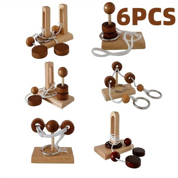 6 Pcs Wooden Brain Teaser Puzzles-Rope Untangling Puzzle Game & Assembly & Disentanglement Puzzles, Lock Puzzle & Puzzle Ring Set, Brain Teaser Puzzles for Adults & Brain Puzzles for Adults