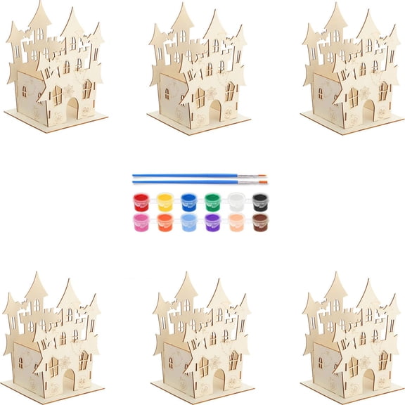 6 Pcs Wooden Castle DIY Paintable Craft Kit, Laser Cut Build Your Own Halloween Decorations, Creative Handmade Assembly Model for Kids Adults Party Table Centerpiece Gift