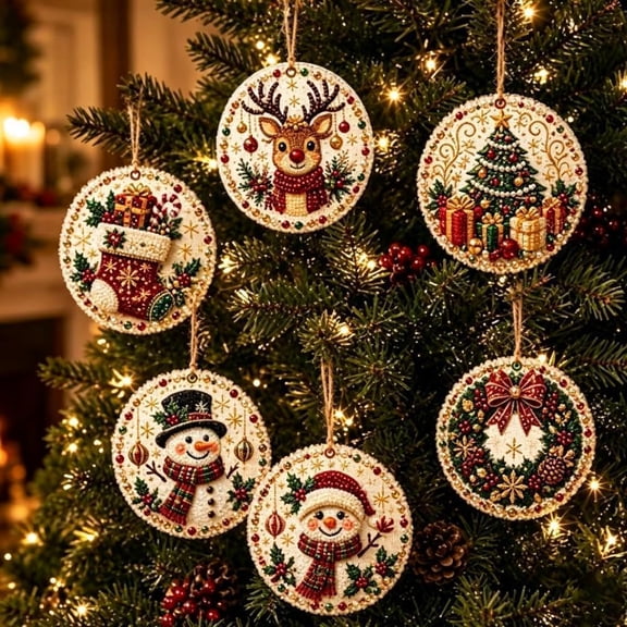 6 Pcs Wooden Christmas Ornaments DIY Pearl Art Kits for Adults, Diamond Art Christmas Tree Ornaments with Beads, Gems, Jute Twine, Holiday Craft Decor, #C