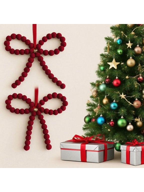 6 Pcs Wooden Christmas Tree Ornaments Wood DIY Beads Bow Ornament Xmas Beads for Christmas Tree Door Garland Wreath Tiered Tray Decorations