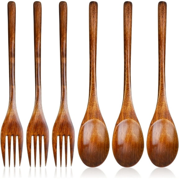 6 Pcs Wooden Forks and Spoons Reusable Set Eating Utensil wooden Cutlery Wood Dinnerware Kitchen Tableware Bamboo Utensils for Stirring Cooking