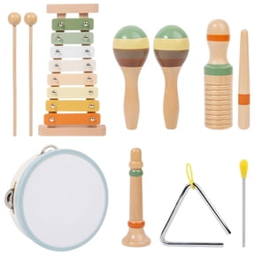 6 Pcs Wooden Percussion Instruments Set, Musical Instruments for little ones 1-3, Xylophone, Guiro, Sand Hammer, Horn, Tambourine, Triangle Iron, Orff Music Toys
