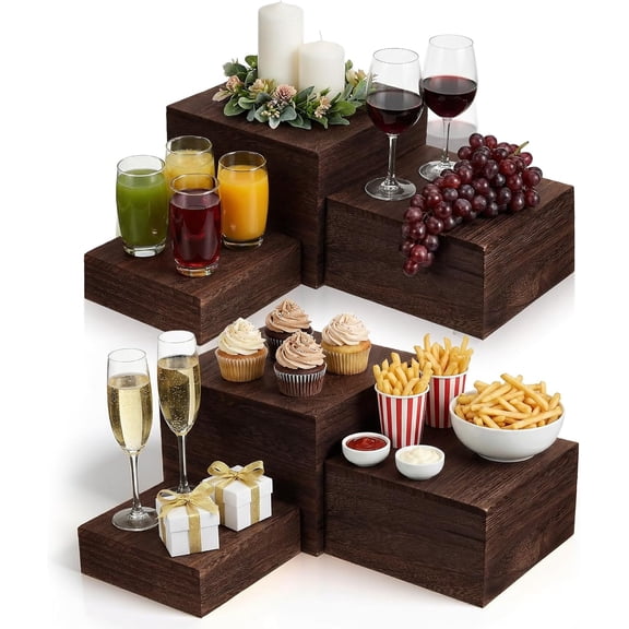 6 Pcs Wooden Risers for Table Display, 6/7/8 Inch Rustic Display Stand Stackable Wood Cupcake Stands Square Food Riser Buffet Table, Birthday Party, Wedding Home Decor