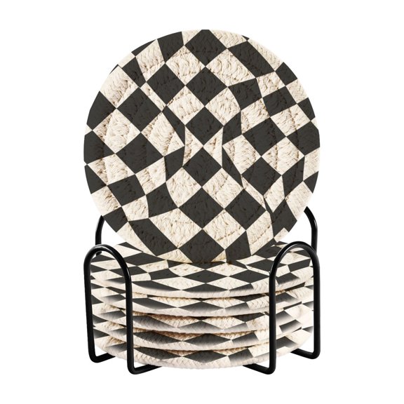 6 Pcs Woven Drink Coasters Set with Metal Stand, Alien Form 4 Inch Tabletop Protection Coaster for Cups and Wooden Table, Home Decor