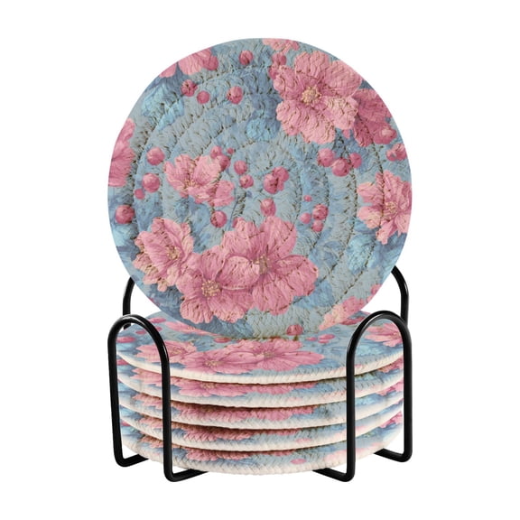 6 Pcs Woven Drink Coasters Set with Metal Stand, Berried Powder Spray 4 Inch Tabletop Protection Coaster for Cups and Wooden Table, Home Decor