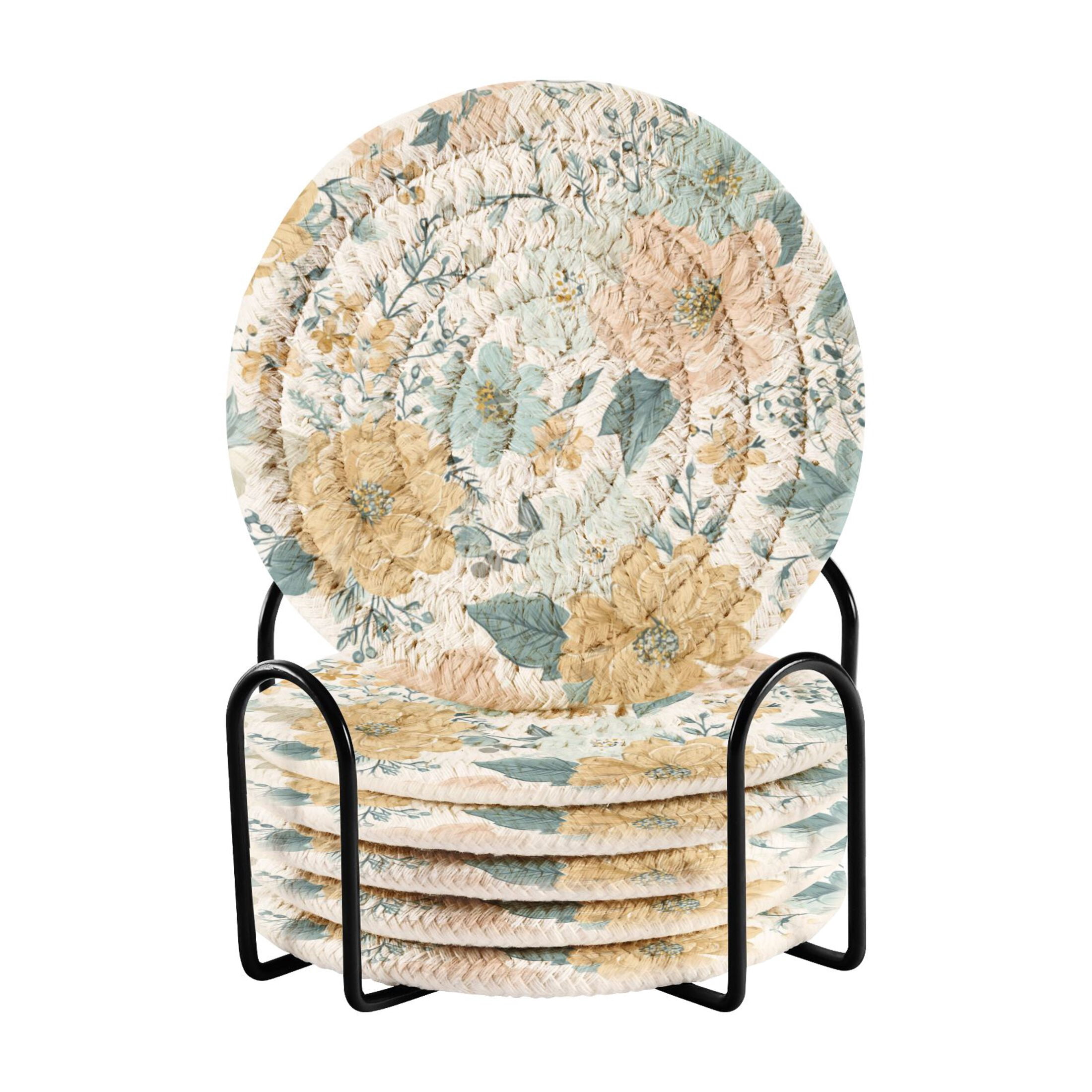 6 Pcs Woven Drink Coasters Set with Metal Stand, Cherry Blossoms 4 Inch ...