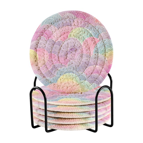 6 Pcs Woven Drink Coasters Set with Metal Stand, Clouds Gather 4 Inch Tabletop Protection Coaster for Cups and Wooden Table, Home Decor
