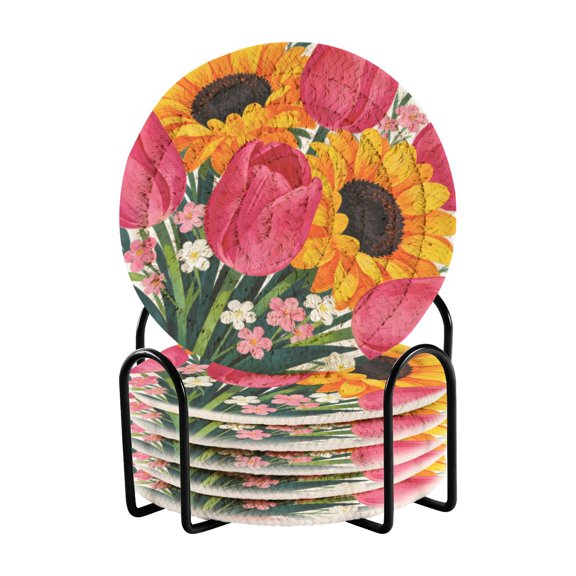 6 Pcs Woven Drink Coasters Set with Metal Stand, Flores De Estilo 4 Inch Tabletop Protection Coaster for Cups and Wooden Table, Home Decor
