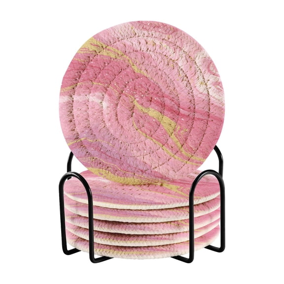 6 Pcs Woven Drink Coasters Set with Metal Stand, Gold Leaf Powder 4 Inch Tabletop Protection Coaster for Cups and Wooden Table, Home Decor