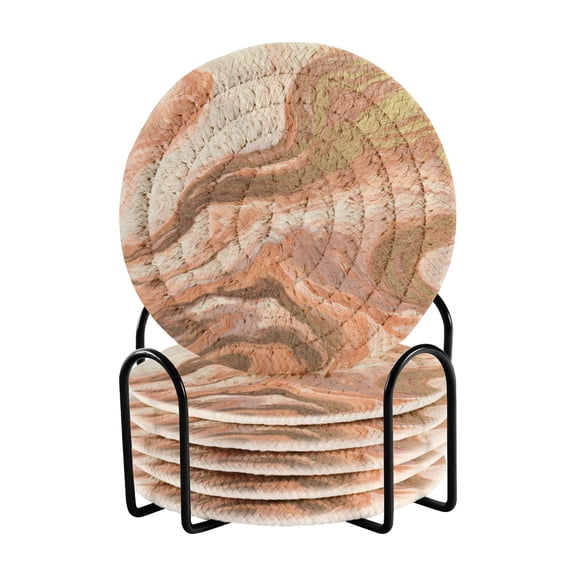 6 Pcs Woven Drink Coasters Set with Metal Stand, Gold Powder Orange 4 Inch Tabletop Protection Coaster for Cups and Wooden Table, Home Decor